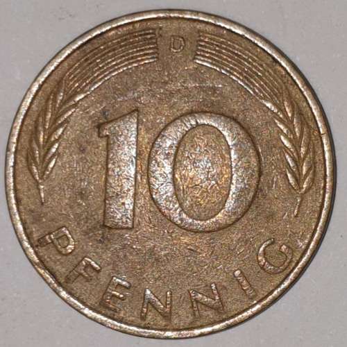 1971 D - 10 PFENNIG - TEN PFENNIG - GERMANY - FEDERAL REPUBLIC - (Brass Clad Steel) KM# 108